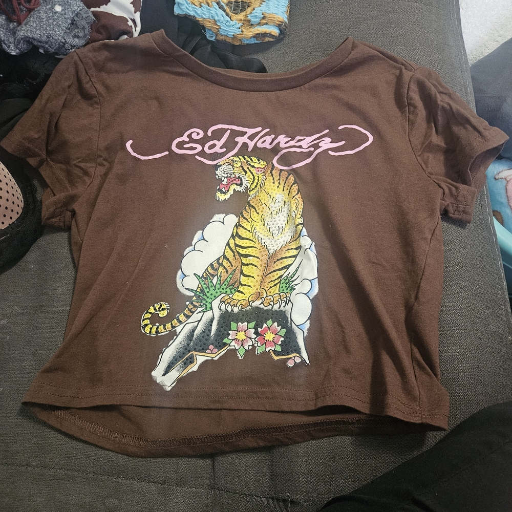 Ed Hardy Brown Tee with Yellow Tiger and Pink Logo